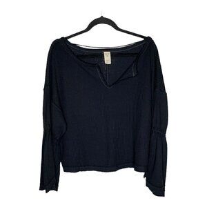 Free People Top Size S Women's Waffle Knit DAHLIA Black Long Bell Sleeves Blouse